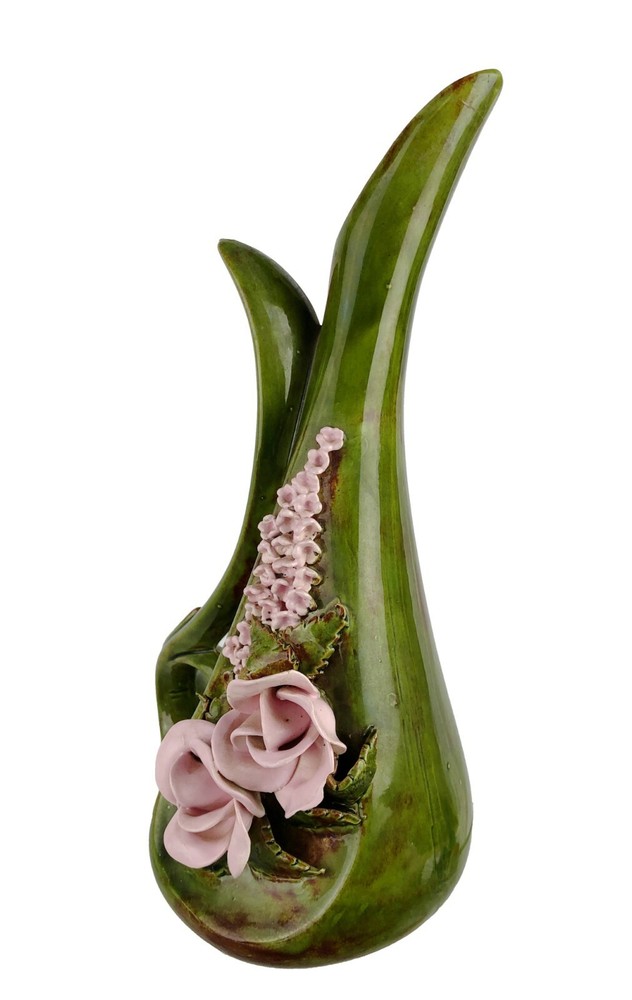 Vtg Ceramic Double Loop Handle Pitcher 12.5" Green w/ Applied Pink Flowers