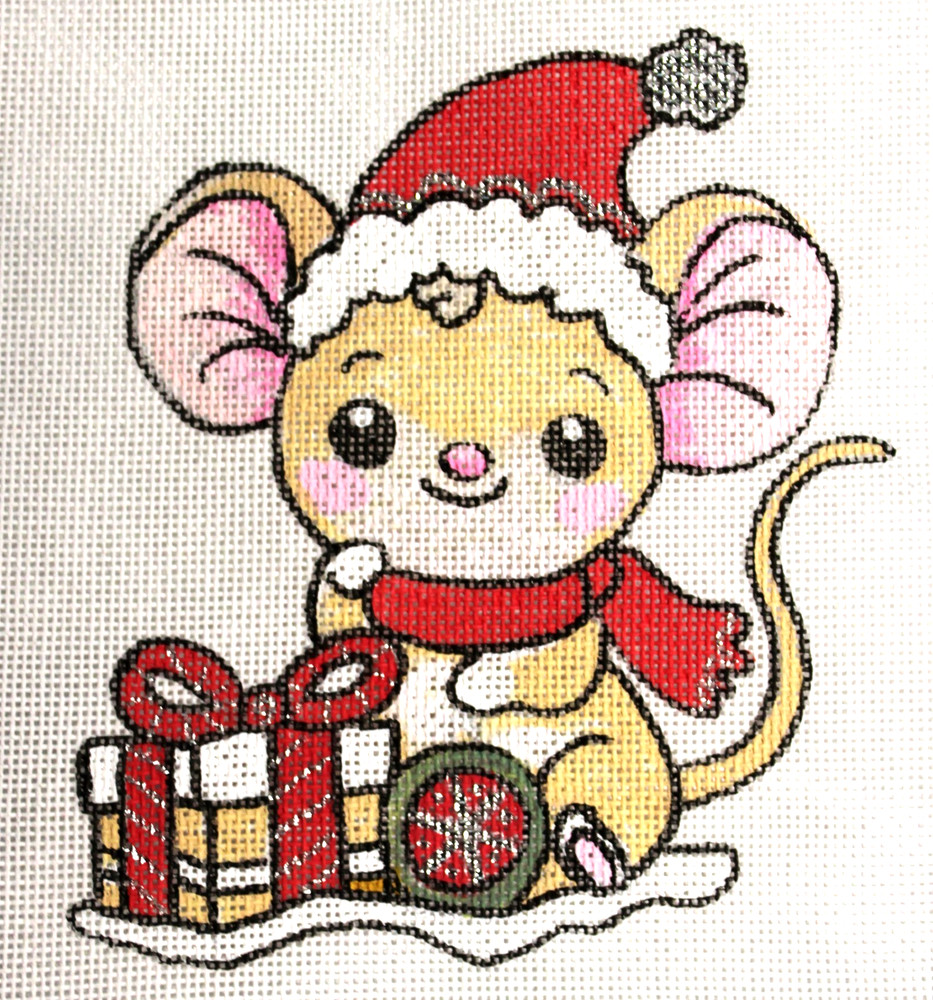 Christmas Needlepoint Canvas Hand Painted 18 mesh Signed Winter Mouse w/ Present