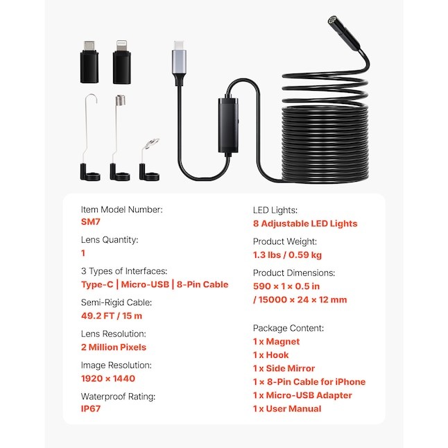 VEVOR Endoscope Camera 1920P HD Borescope for Android & IOS with 10FT Cable