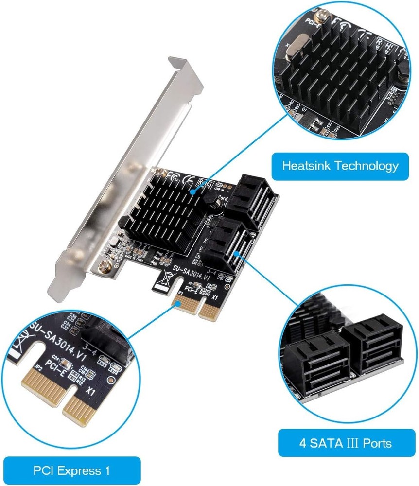 SATA 4 Port Expansion Card Compatible with Windows and Linux Operating Systems