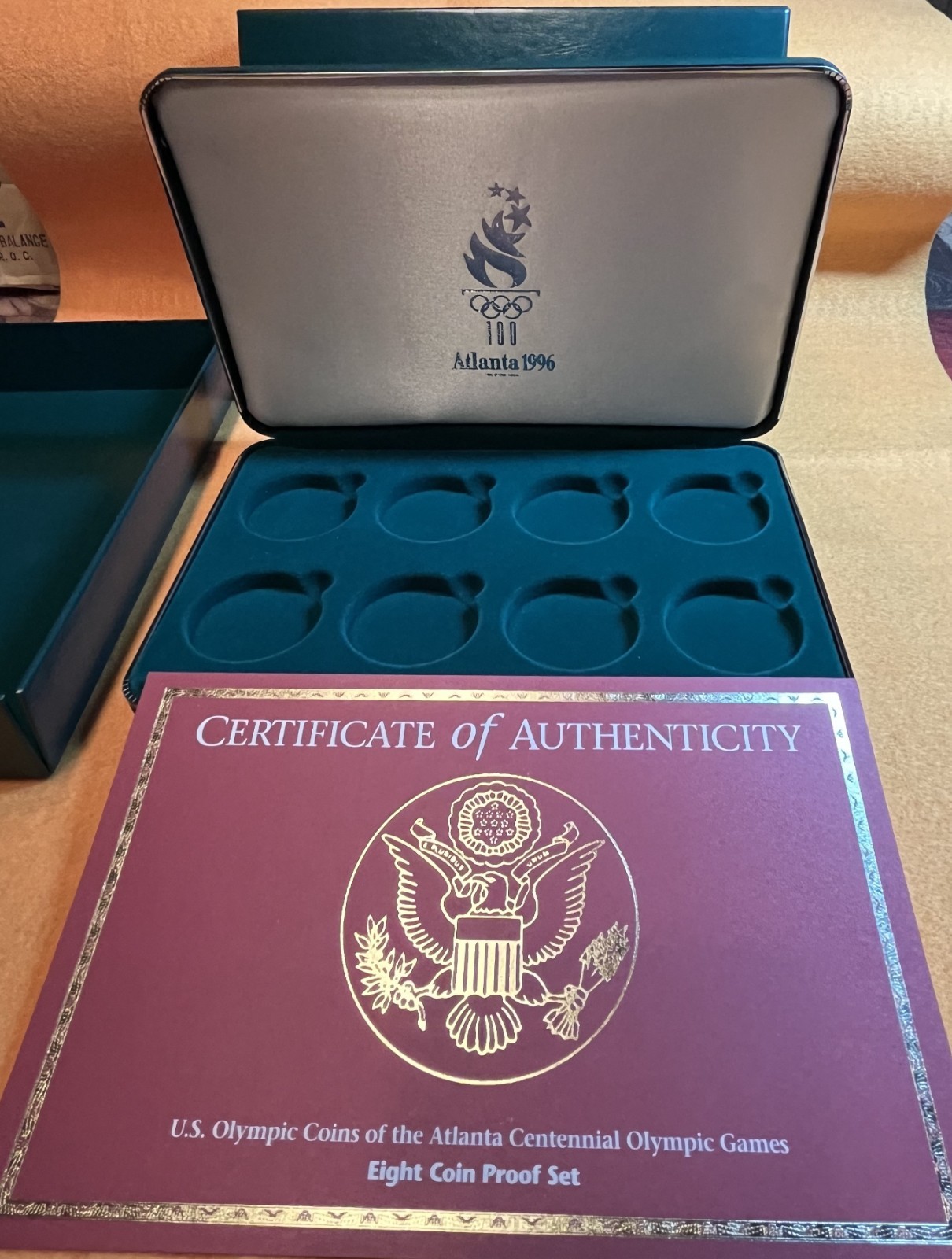 1996 US Olympic 8 Coin Box & COA - NO Coins - Holds 8 Silver Dollars