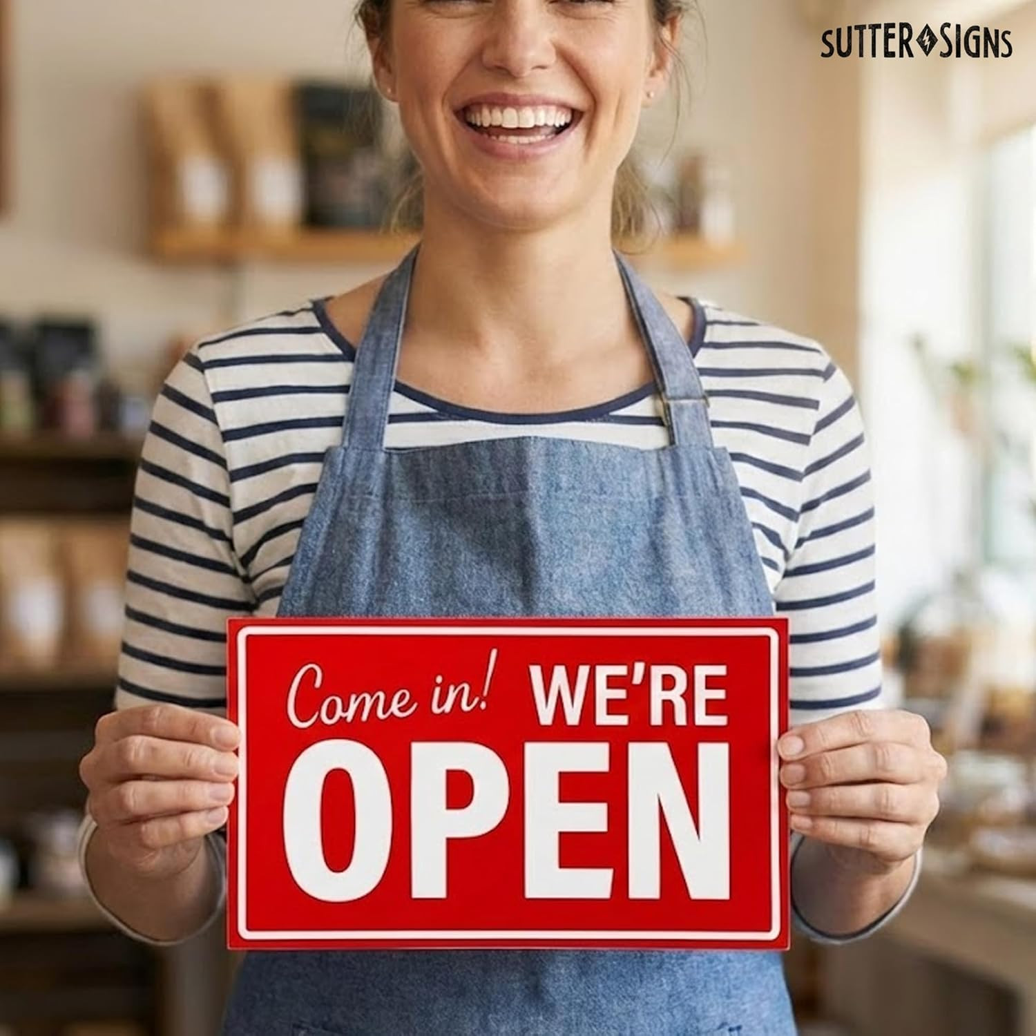 Open Closed Sign for Business, 10" X 6" Double Sided Plastic Sign with Twine, Su