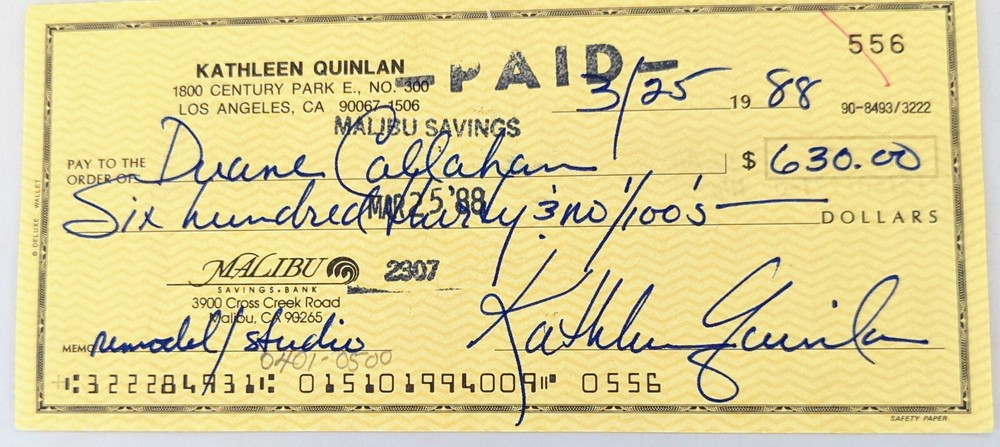 Kathleen Quinlan Signed Personal Check