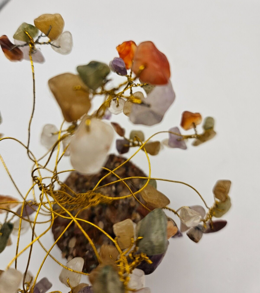 Copper Wire Multi Colored Gemstone Bonsai Tree & Wood Base - Vtg. Gemstone Tree