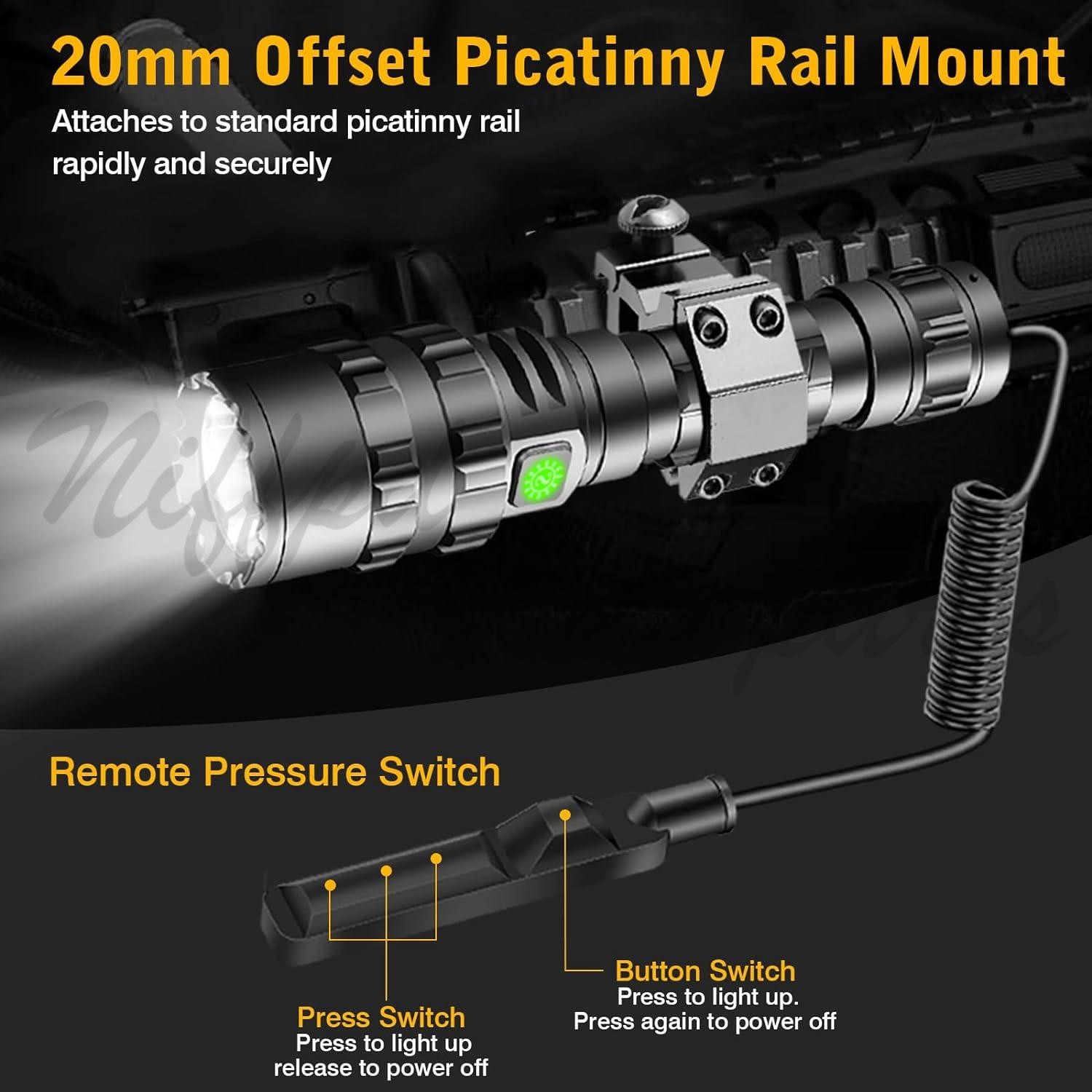 90000LM Tactical Police Gun Flashlight +Picatinny Rail Mount+Switch for Hunting
