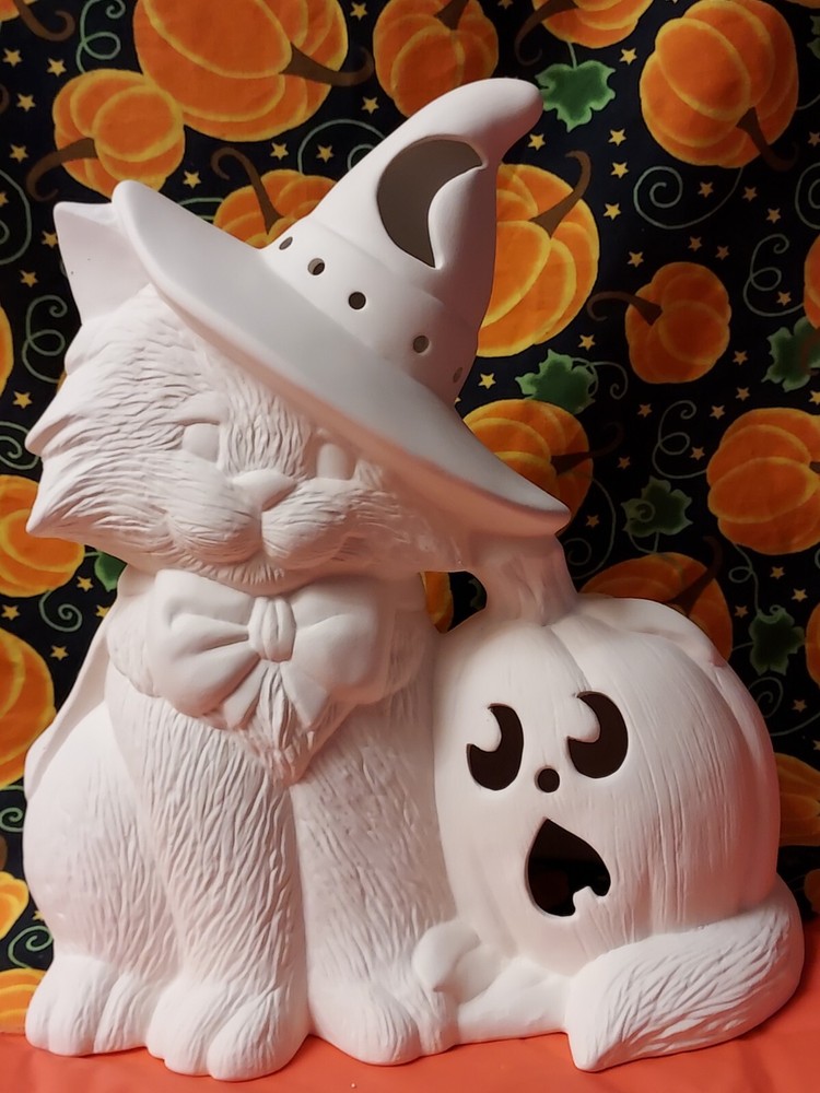 Ceramic Bisque ~ Ready to paint~ Cat Wearing Witch Hat with Pumpkin & light kit
