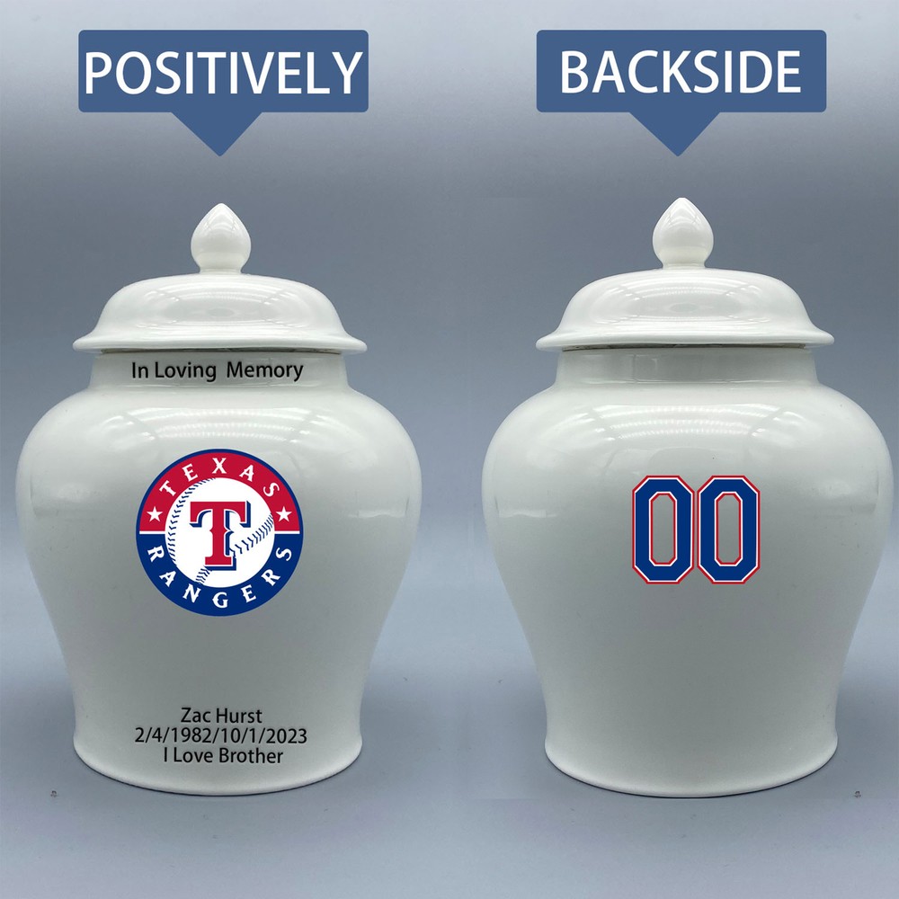 Ceramic Medium Urn for Texas Rangers Baseball Theme, Custom Text & Number
