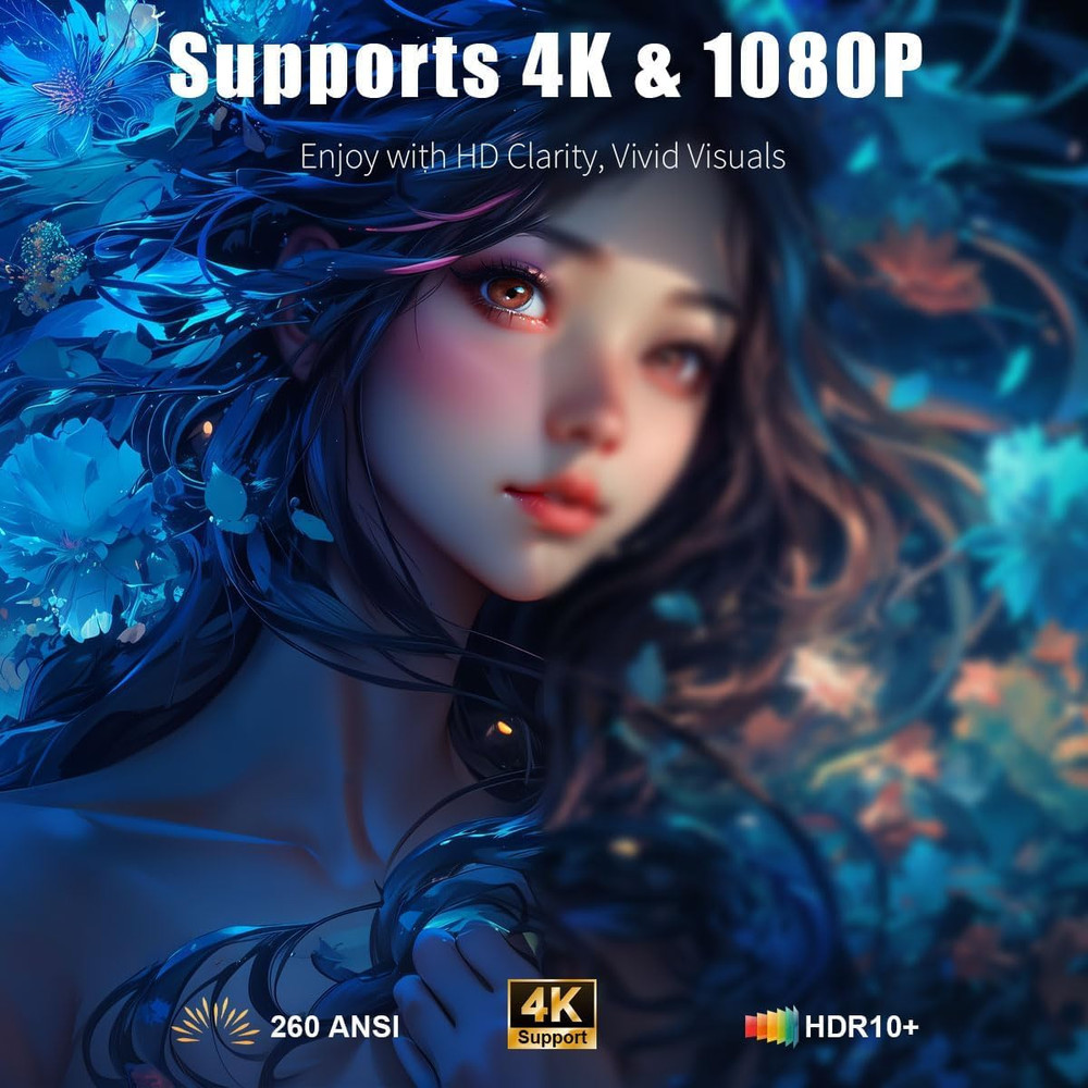 [Smart Projector with Apps] 4K Supported Mini Projector with Wifi and Bluetooth,