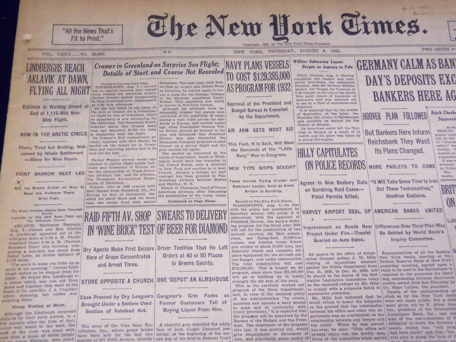 1931 AUGUST 6 NEW YORK TIMES - LINDBERGH'S REACH AKLAVIK - NT 3928