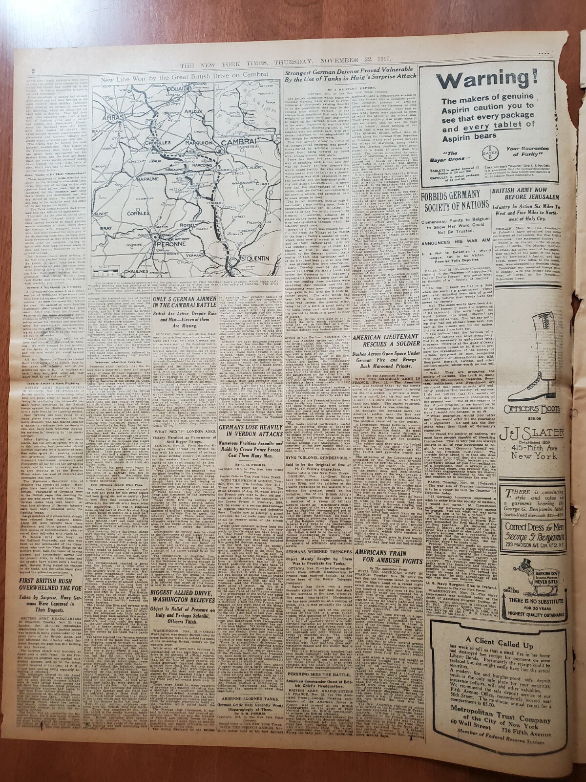 1917 NOVEMBER 22 NEW YORK TIMES - HAIG HURLS HIS ARMY AT CAMBRAI - NT 8080