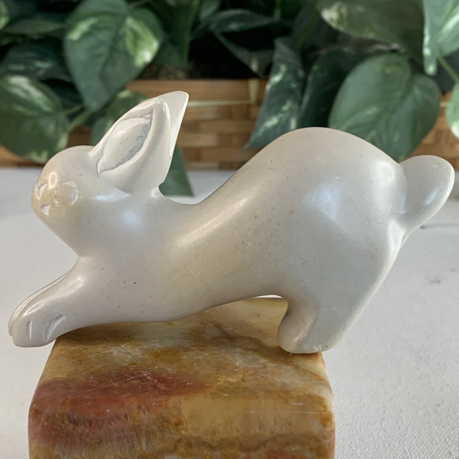 Large Soapstone Carved Rabbit Figurine Stone Bunny Carving Animal Figure 4.2”
