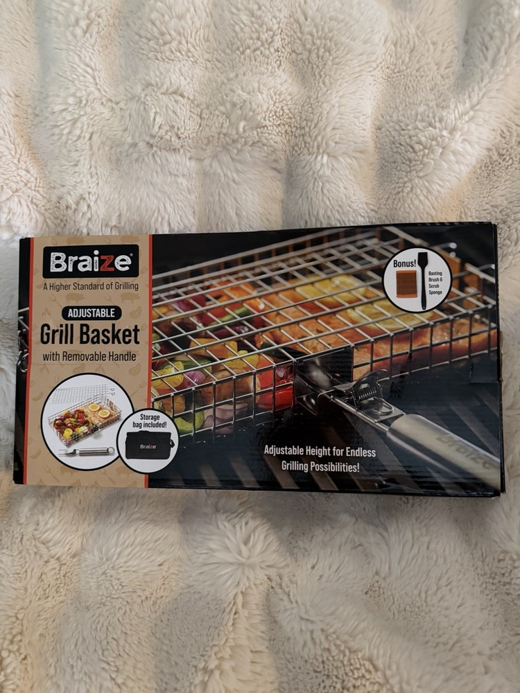Braize Adjustable Grill Basket Large Silver, Removable Handle, Brush, Bag