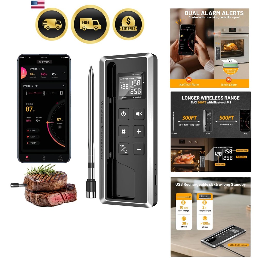 Wireless Meat Thermometer with Smart Timer & APP Control, 800ft Bluetooth Gri...