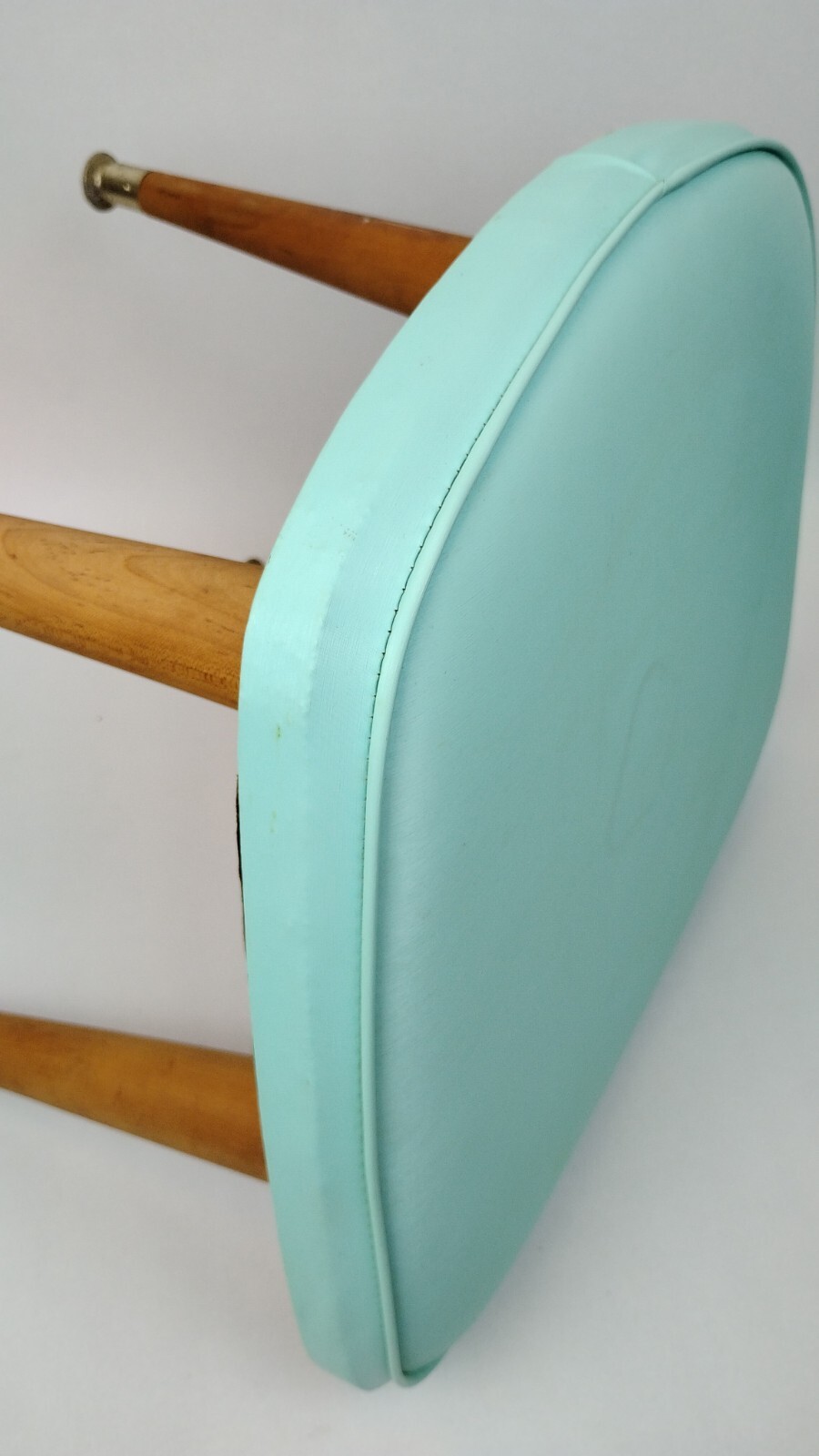 1963 Daystrom Atomic MCM Aqua Blue Vinyl Foot Stool 14" Tapered Peg Leg Gold Tip