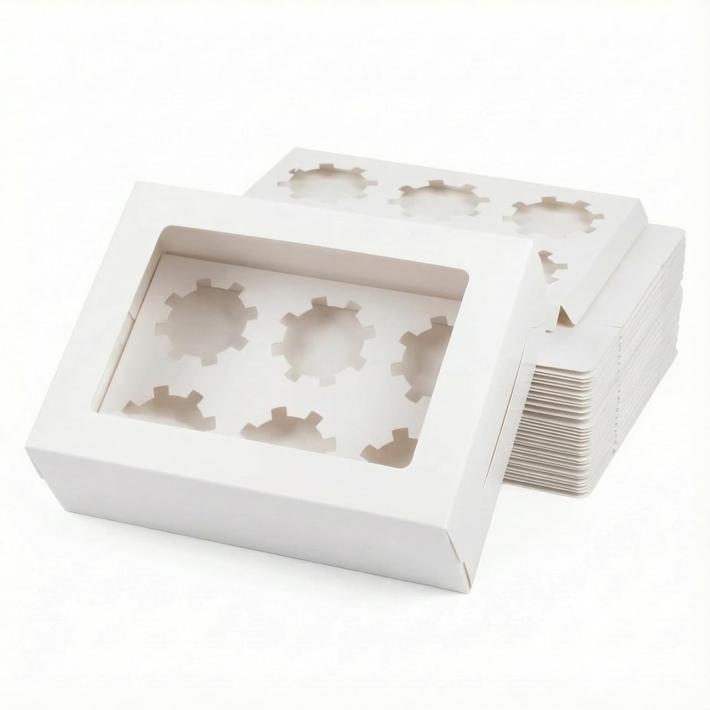 20 PCS Cupcake Boxes 6 Count Window Adjustable Insert Bakery Carrier White