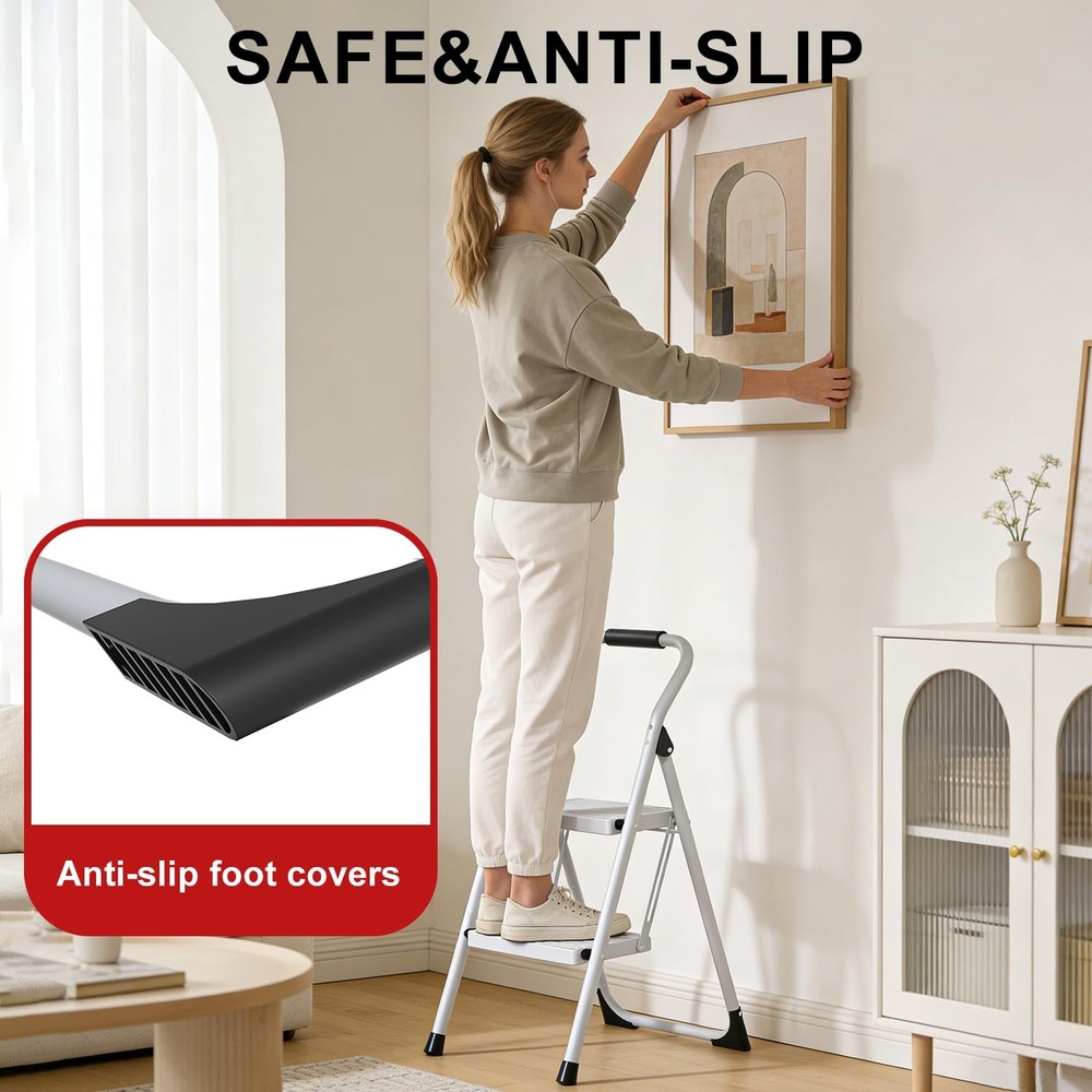 2 Step Ladder for Kitchen Step Stool, Lightweight Folding Step Stool with Cur...