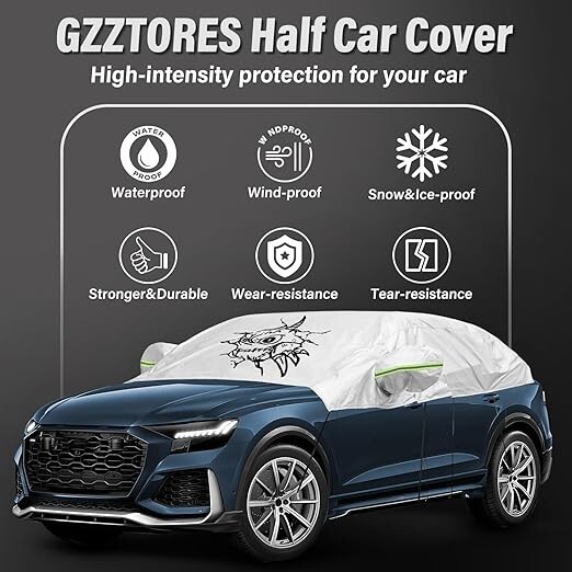 Universal Sedan Half Car Cover, Windshield Body Cover Winter Auto Top Snow Ice