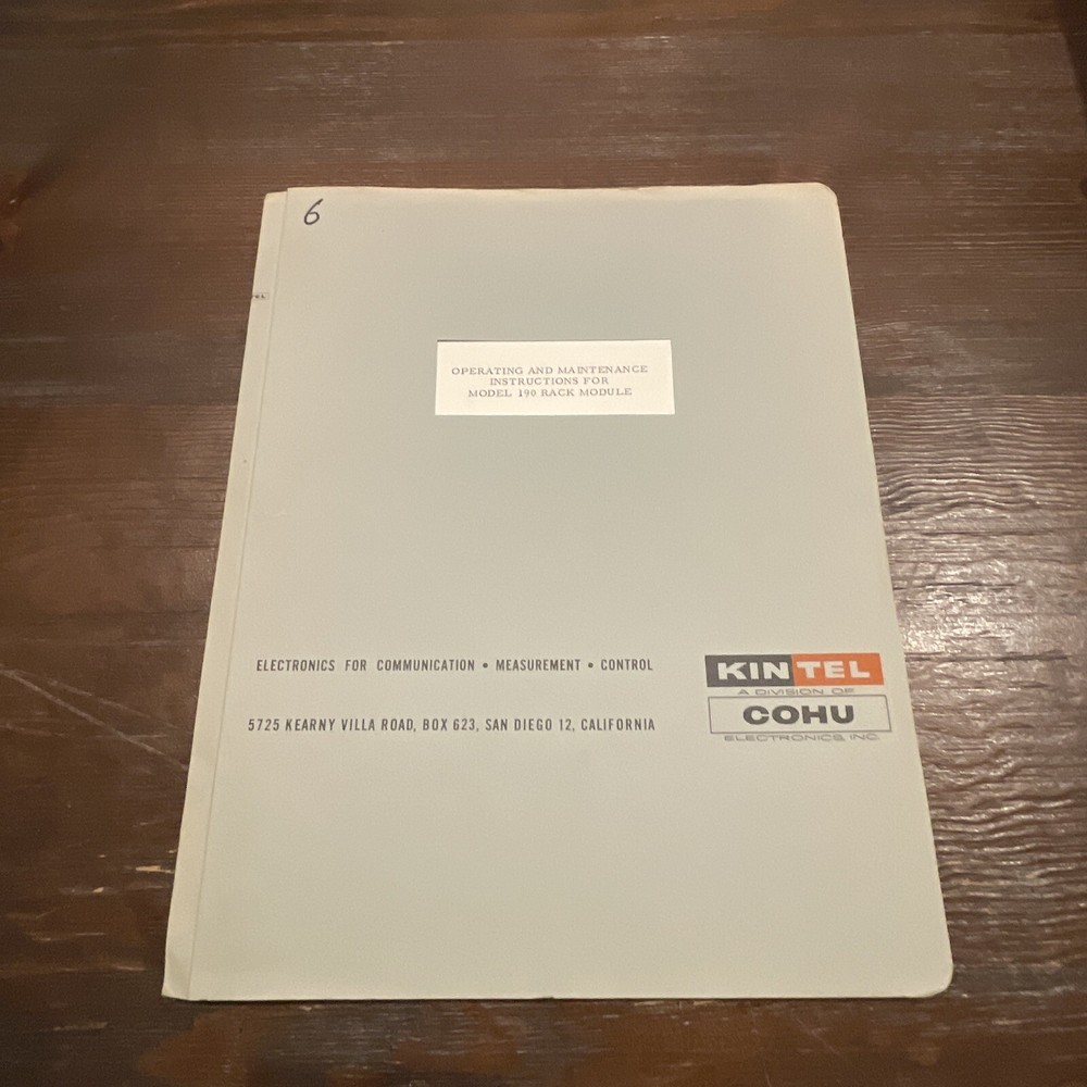 Kintel COHU Model 190 Rack Module Operating Instruction 2X-60 1959