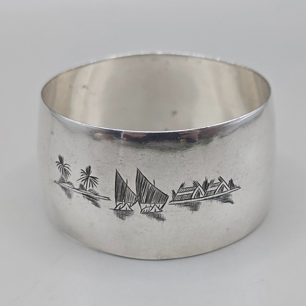 Antique Solid Silver Napkin Ring Engraved Landscape Scene
