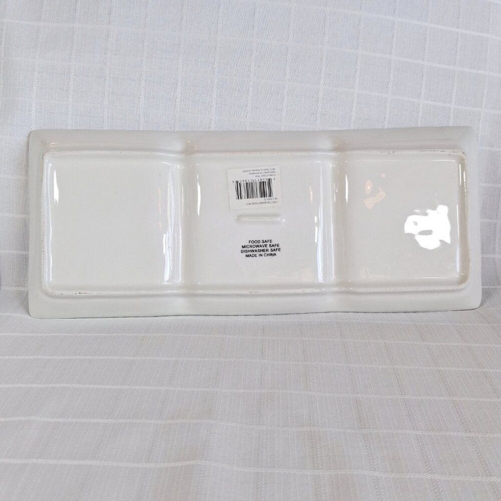 3 Compartment Ceramic Bunny Serving Dish Candy Appetizer 14.5" x 6"