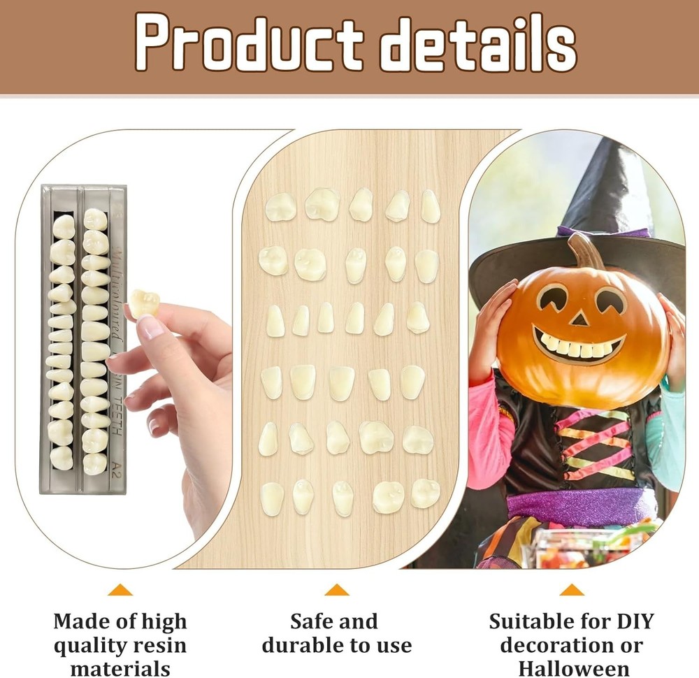 Complete 56 Pcs A2 False Teeth - Durable Acrylic for Learning & Halloween Props