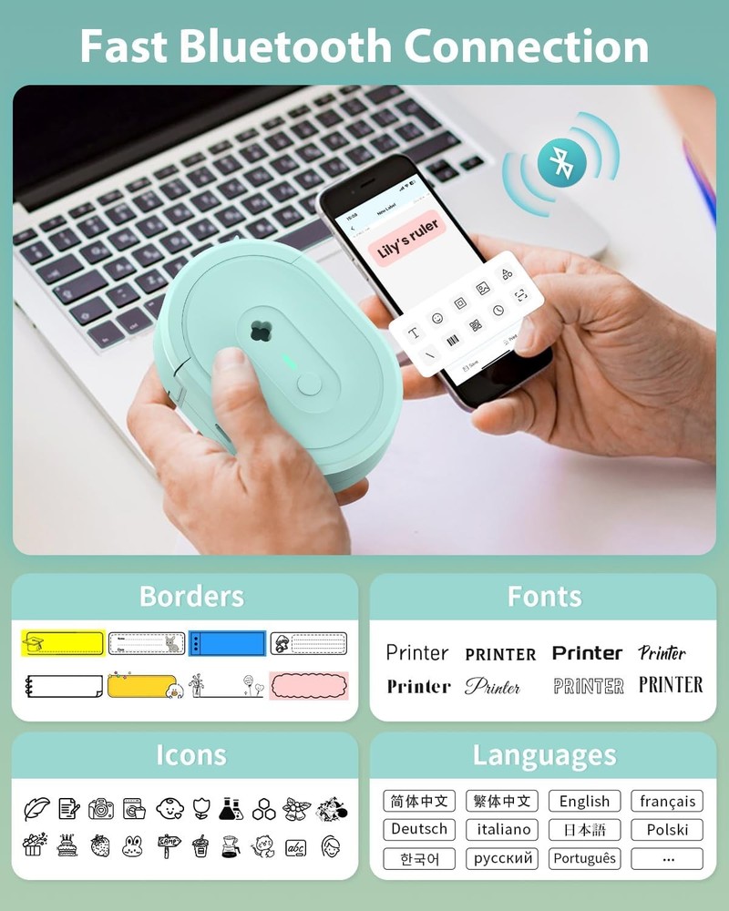 Label Maker Machine with Tape, N12 Portable Bluetooth Label Printer, Wireless Mi