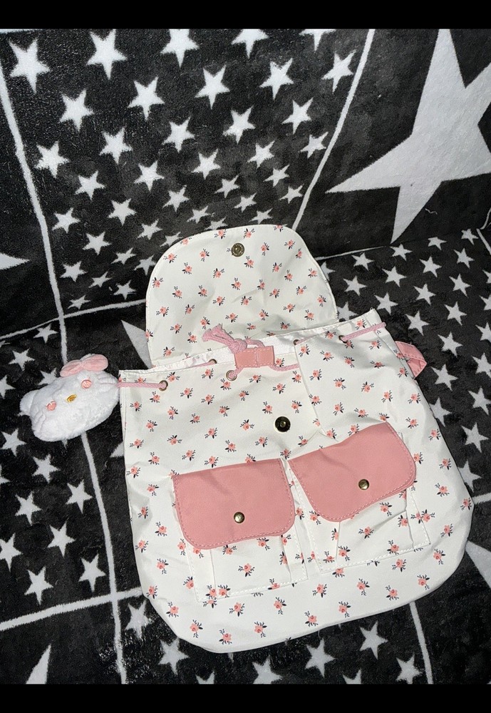 Floral Drawstring Backpack With Hello Kitty Pin
