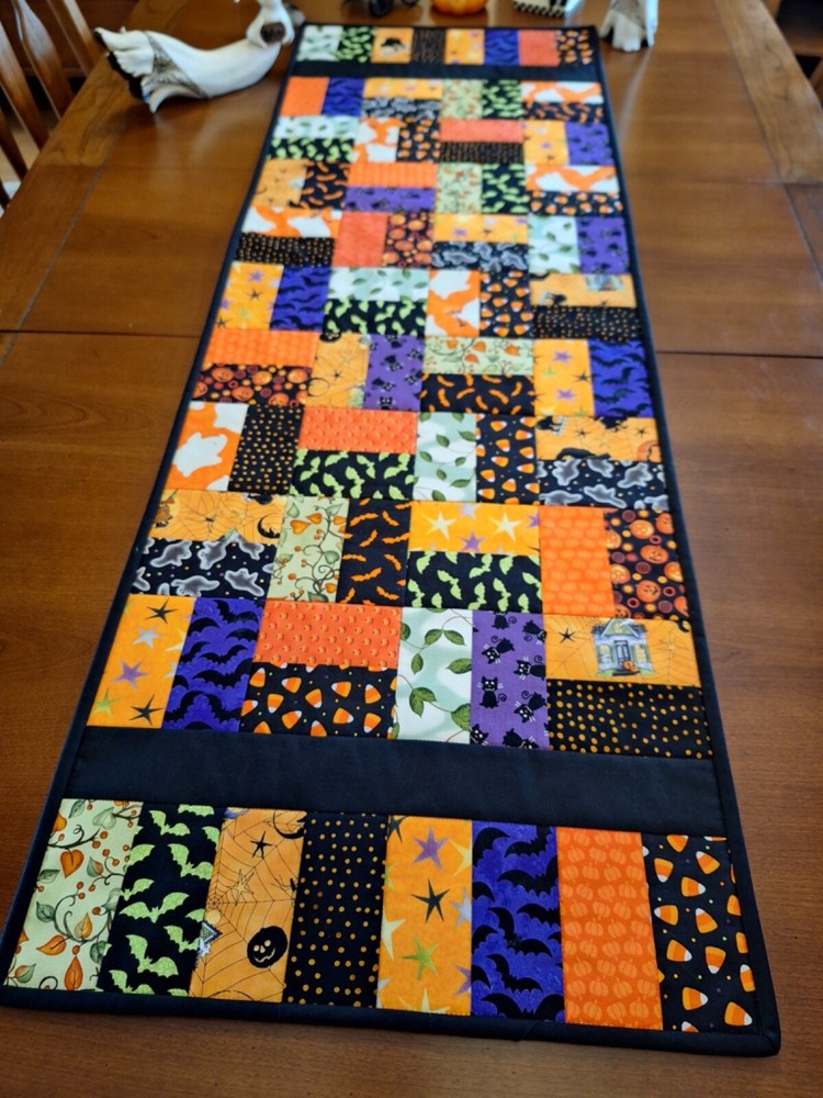 Handmade Reversible Patchwork Halloween Table Runner with Vibrant Colors