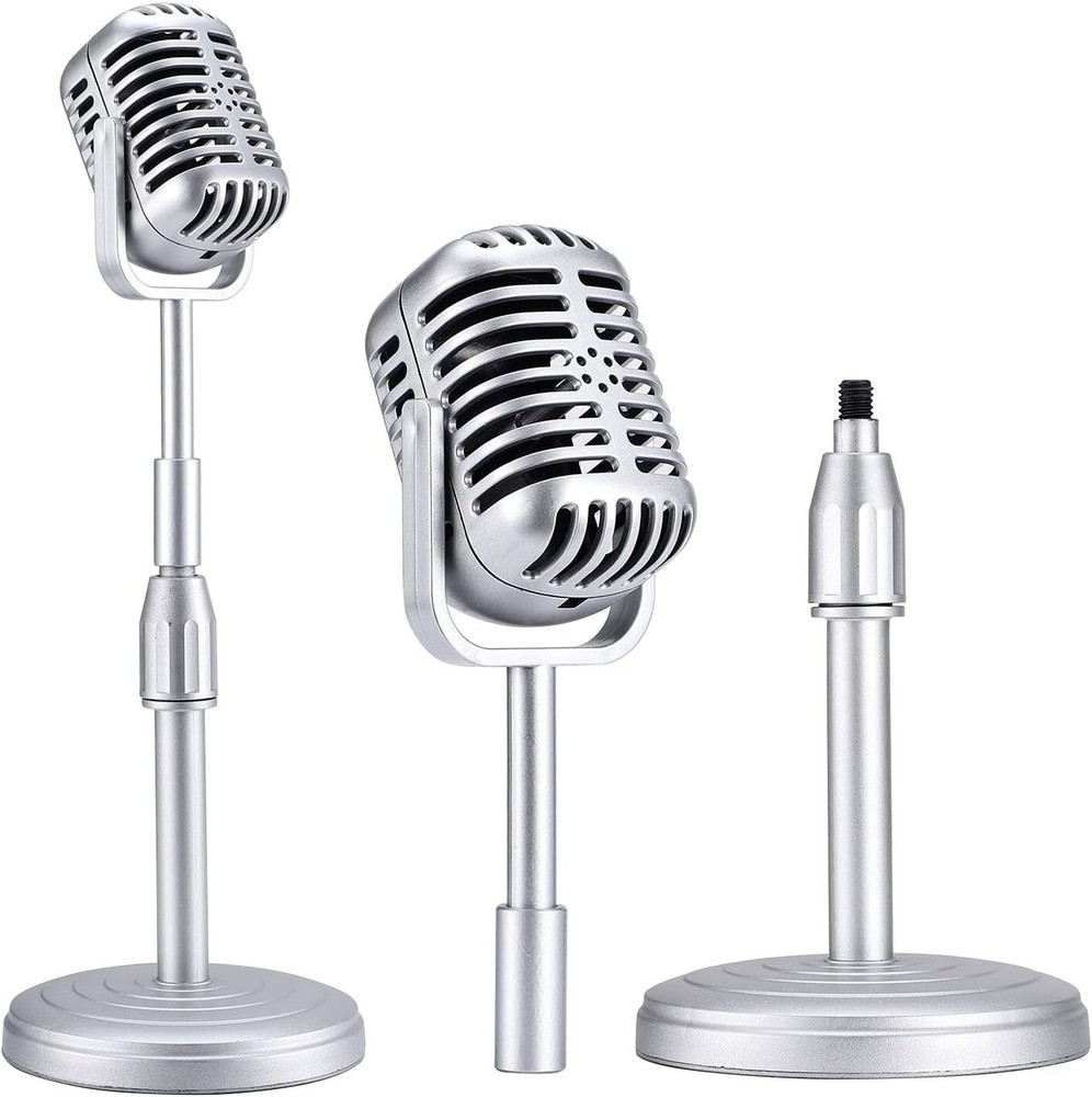 Imitation Metallic Vintage Microphone Decor with Adjustable Stand - Silver Style