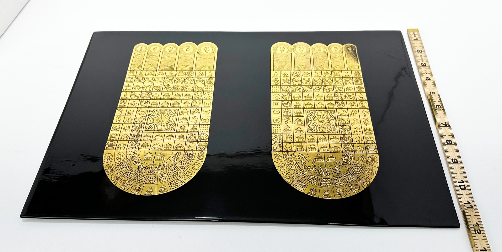 Large Burmese Gold Leaf Buddha Footprint Lacquer Panel Altar Art Zen Decor 18"