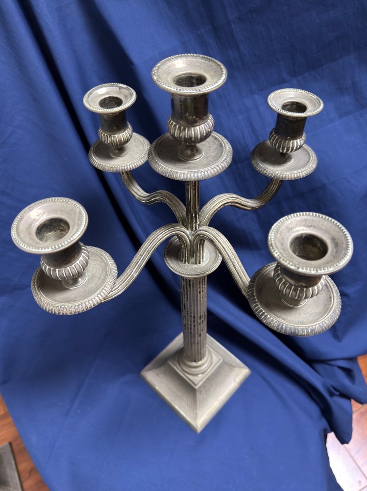 Pair Solid Silver 5-Light Candelabra Neoclassical Column Candlesticks 2.9lb Each