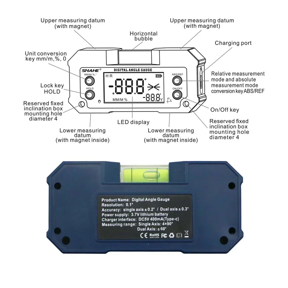 Dual Axis High Precision Level Gauge Digital Angle Meter With Wireless Optional