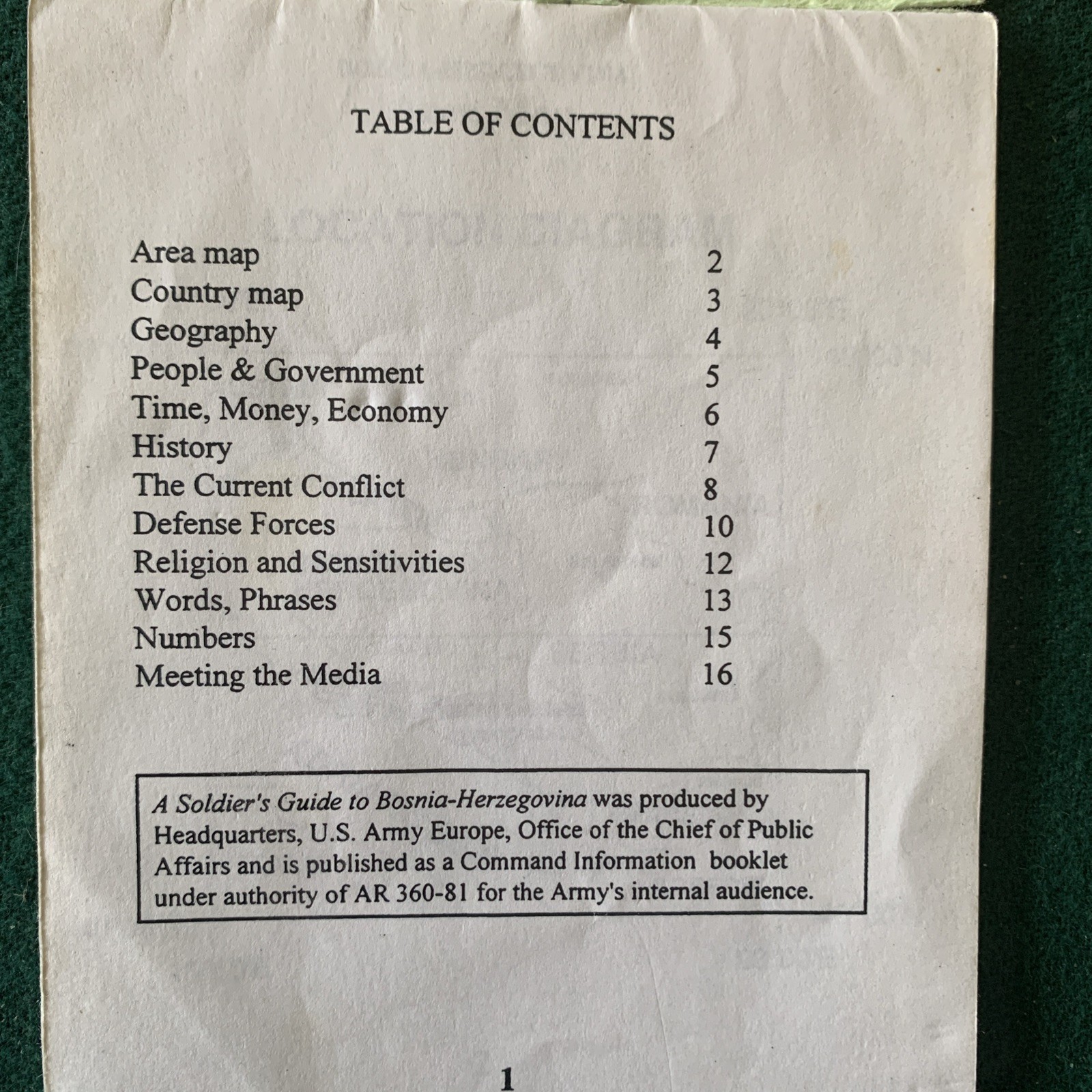 BOSNIA-HERZEGOVINA Soldier's Guide Booklet, 16 Pages, Vintage US Military