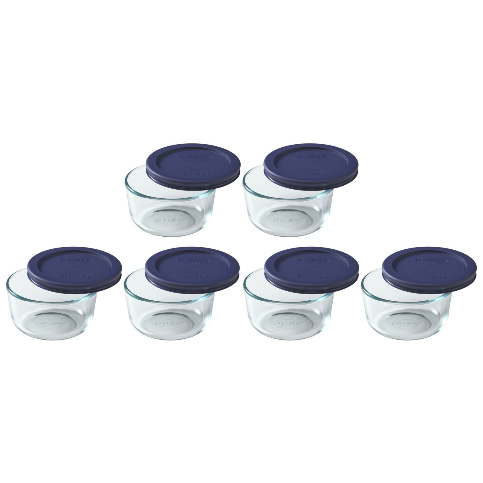 Pyrex (6) 7202 Glass Food Storage Bowls & (6) 7202-PC Dark Blue Plastic Lids