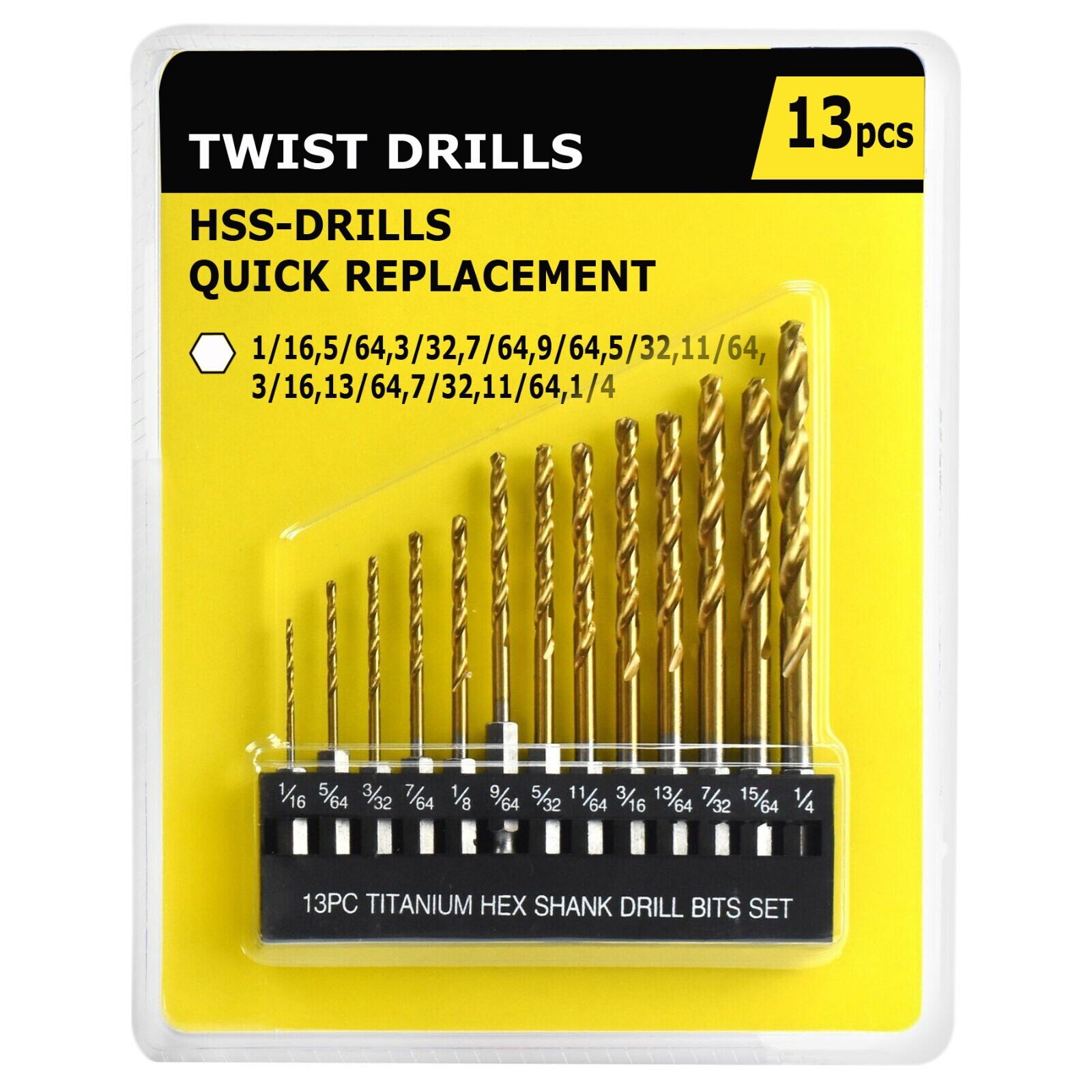 13Pcs HSS Titanium Coated Twist Drill Bit Set 1.5-6.5mm Hex Shank For wood Metal