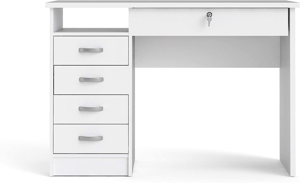 43 in. Rectangular White 5 Drawer Writing Desk with Locking Feature