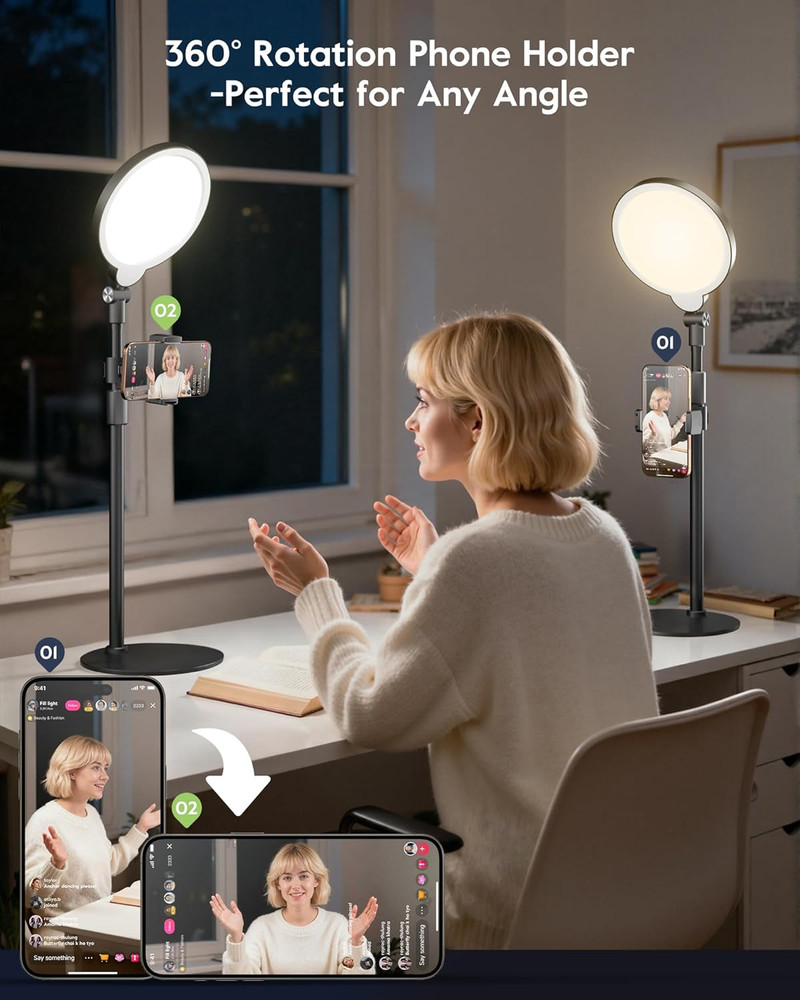 Dimmable Ring Light with Stand for Desk, Adjustable Desk Light for Video Recordi