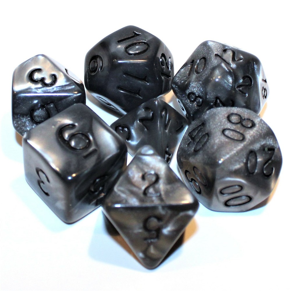 7 Piece Silver Marble Polyhedral Dice Set w/ Gray Bag - Smoke Sphere