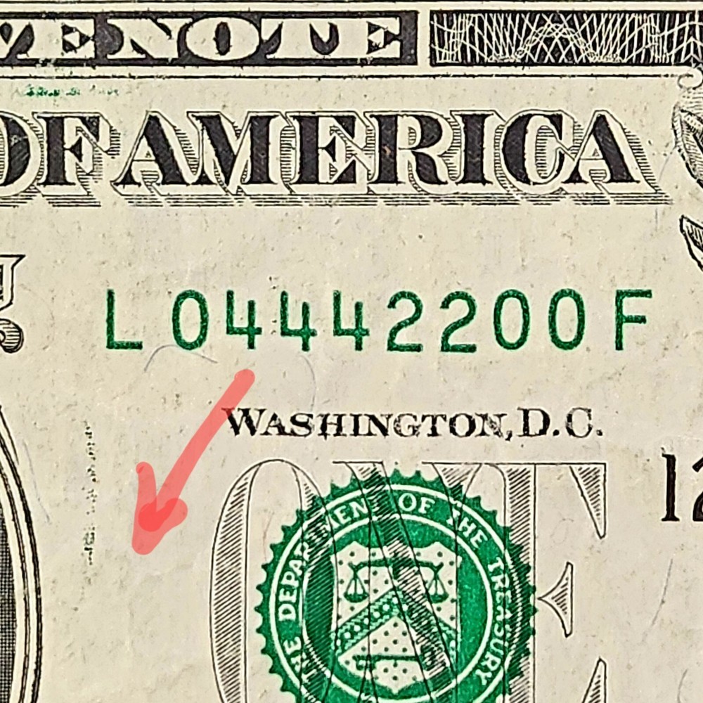 $1 BINARY SERIAL NUMBER ERROR INK TRANSFER FROM BACK TO FRONT 0 444 22 00