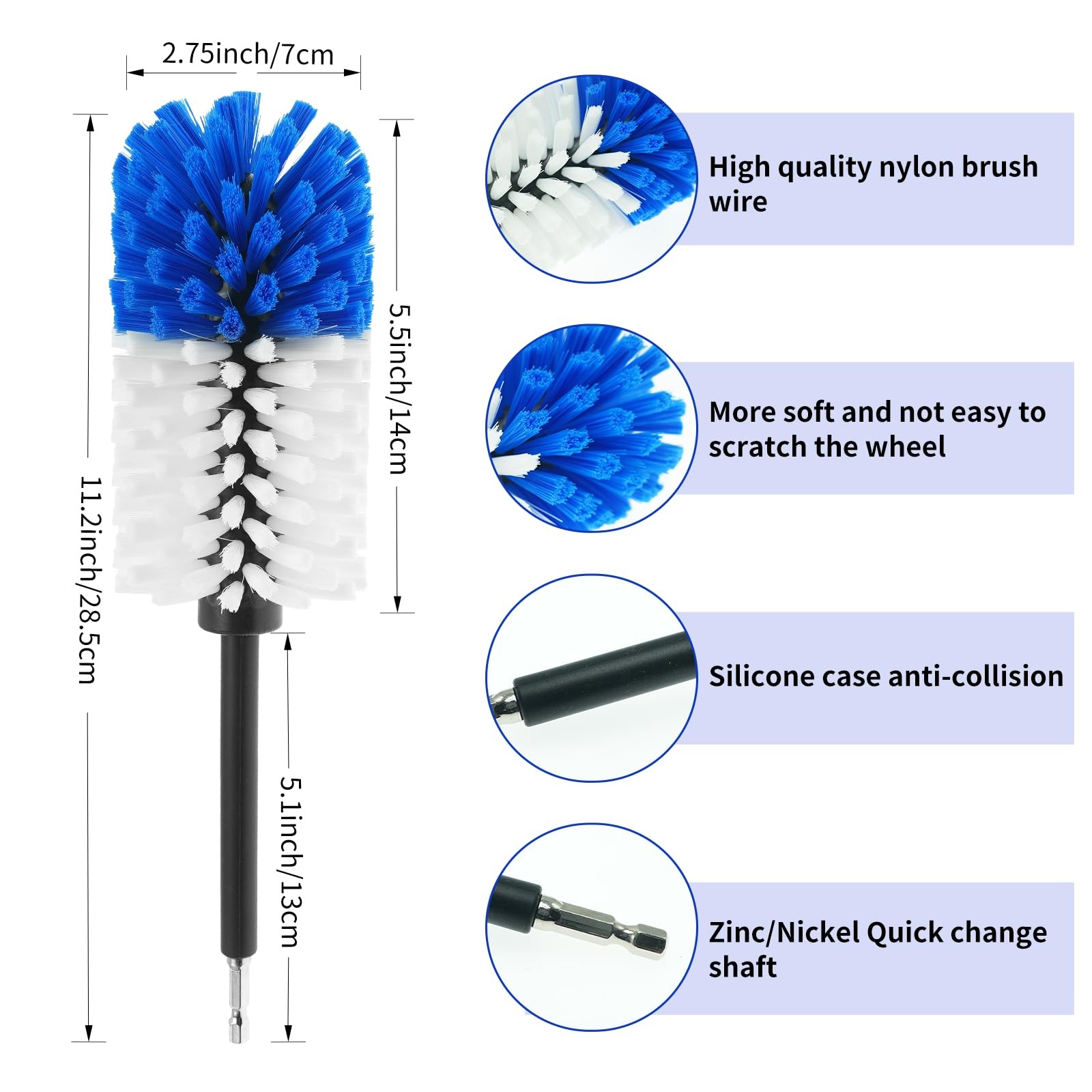 Wheel Brush, Soft Drill Cleaner Brush for Car Blue+white
