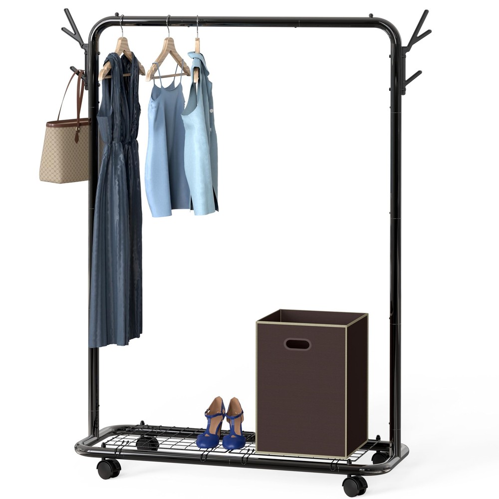 Industrial Style Garment Rack with Wheels and Hooks, Black