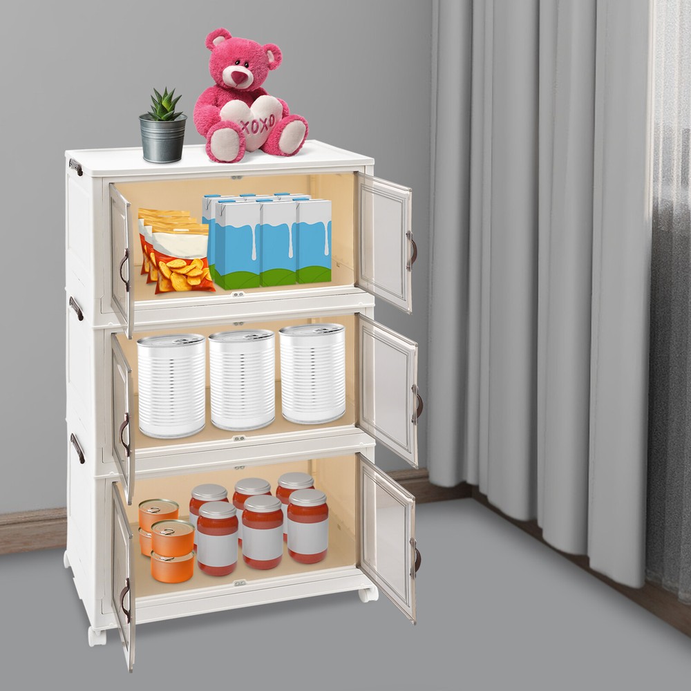 3PCS Foldable Storage Cabinets, Stackable Storage Containers w/ Wheels