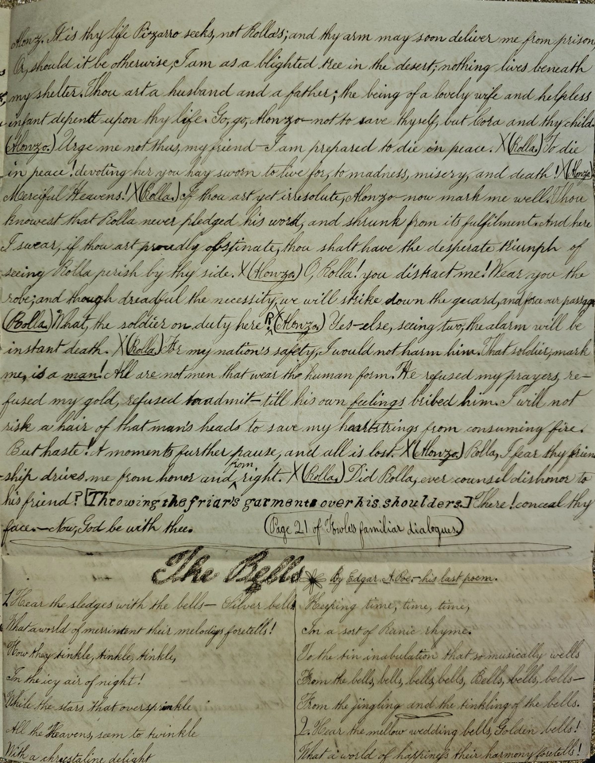 1850s Handwritten Literary Manuscript – Edgar Allan Poe “The Bells” & Sheridan P