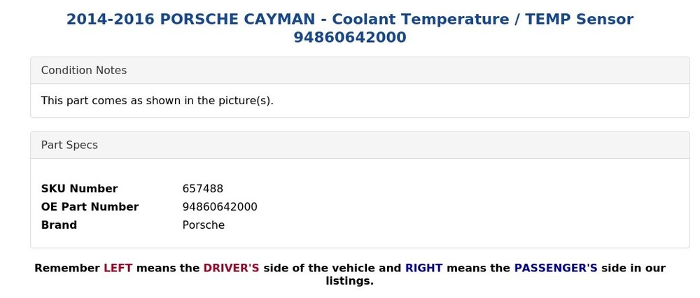 2014-2016 PORSCHE CAYMAN - Coolant Temperature / TEMP Sensor 94860642000