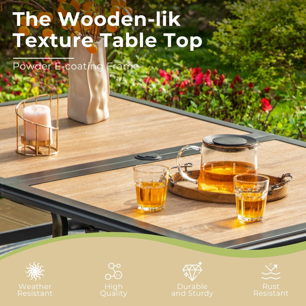 Outdoor Dining Table with Umbrella Hole Rectangular Patio Table for 4-6 Person