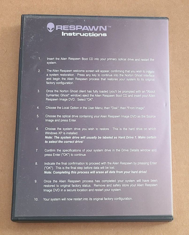 Alienware Respawn Utiliy CD + Image DVD Set Windows XP Gaming Computer Software