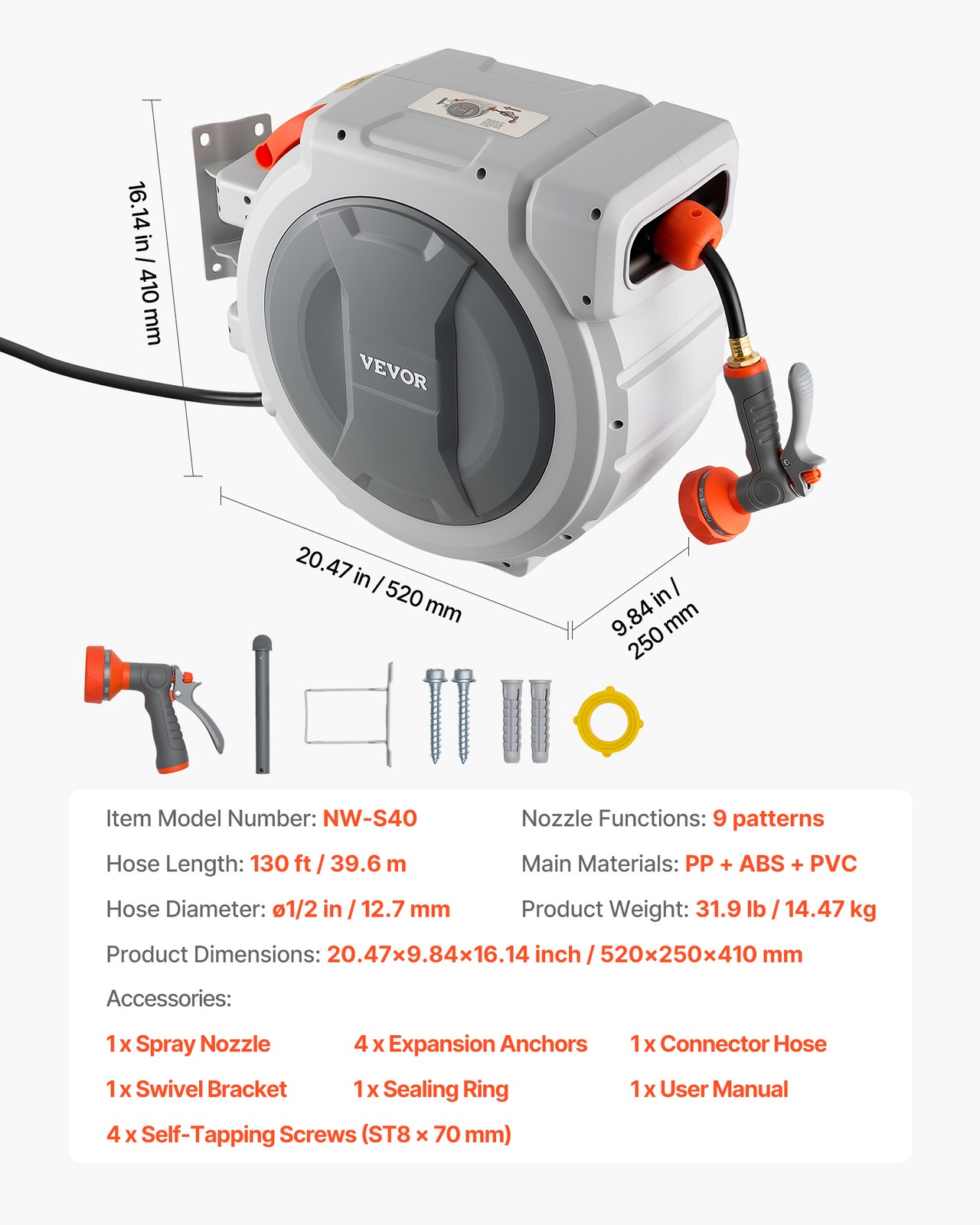 VEVOR Retractable Garden Hose Reel 1/2 in x 130 ft Wall Mount 9-Function Nozzle
