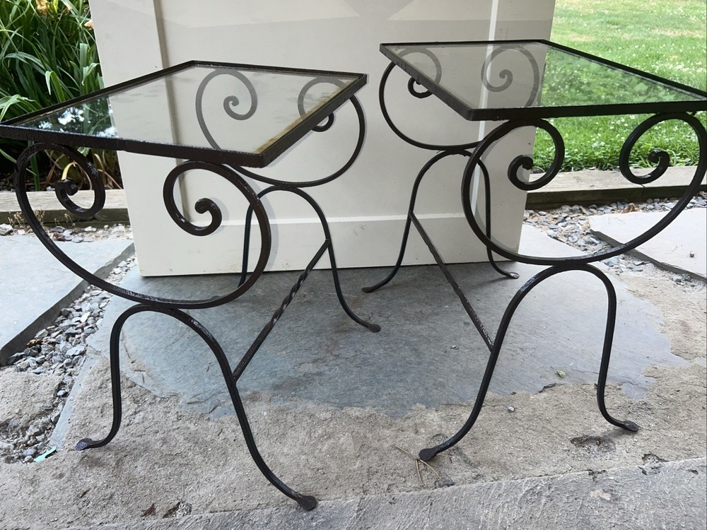 Complementary Pair NESTING Neoclassical Style Wrought Iron Glass Top Side Tables