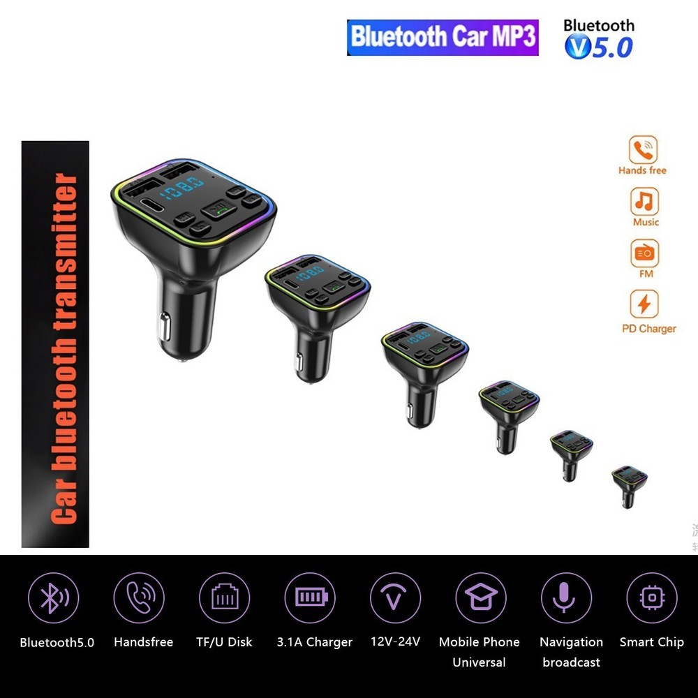Bluetooth Car Wireless FM Transmitter Adapter 2USB PD Charger AUX Hands-Free