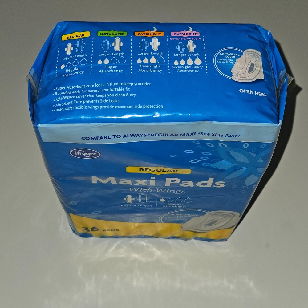 NEW Kroger Maxi Pads With Wings 36 Pack Regular Length Absorbency Soft-Weave